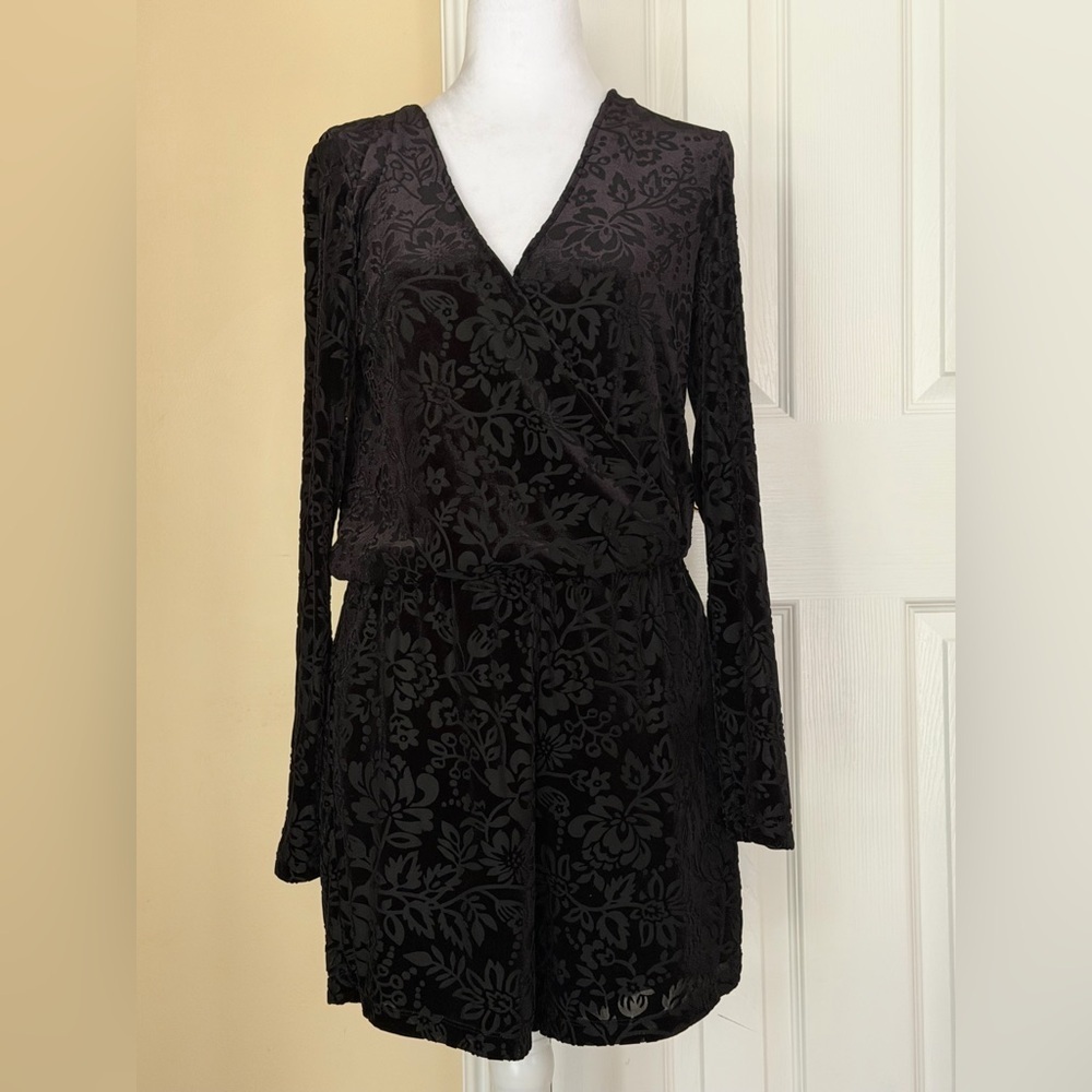 Saylor Velvet Burnout Long Sheer Sleeve Romper Wrap WhimsyGoth Missing Belt Flaw